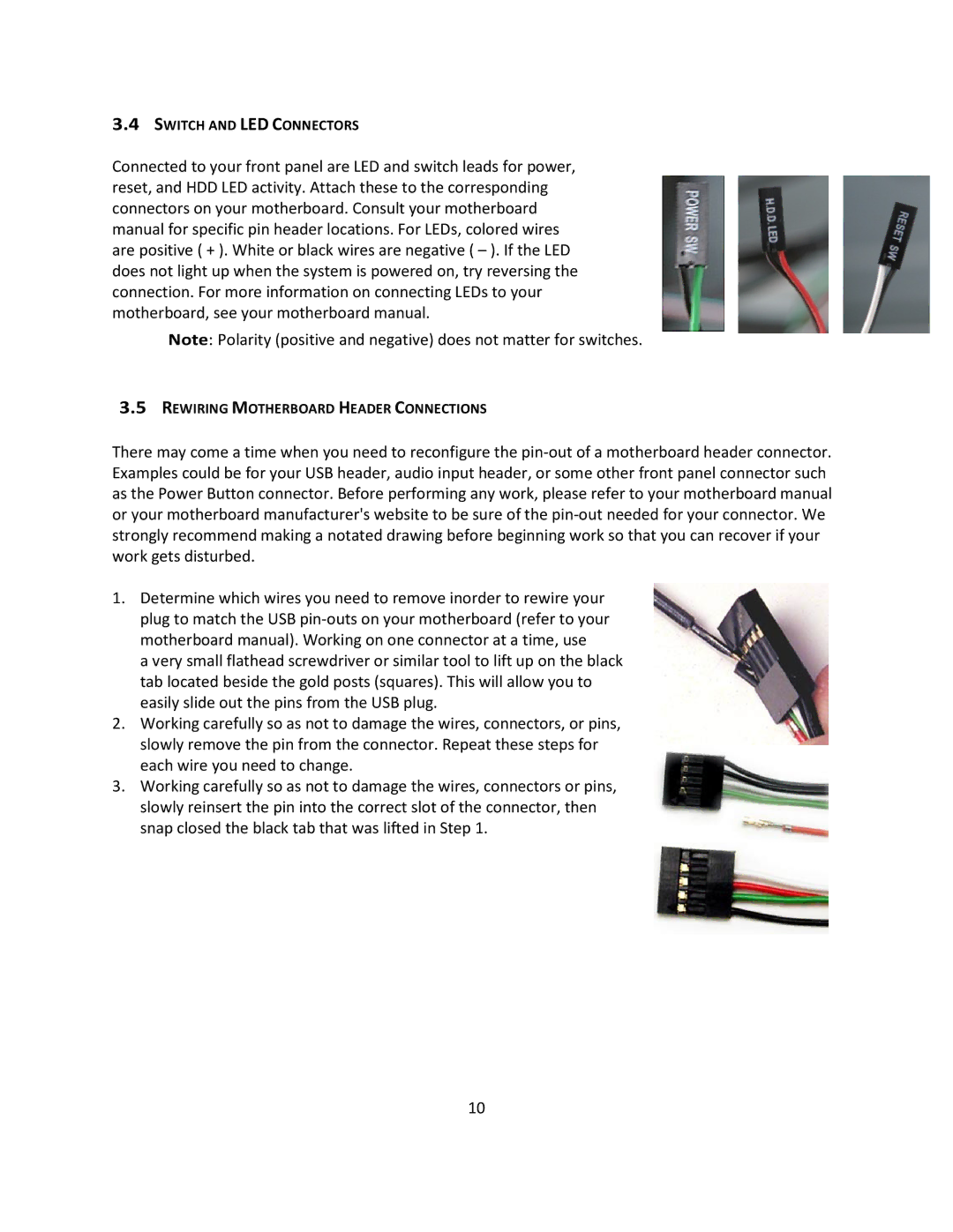 Antec P193 V3 user manual Switch and LED Connectors, Rewiring Motherboard Header Connections 