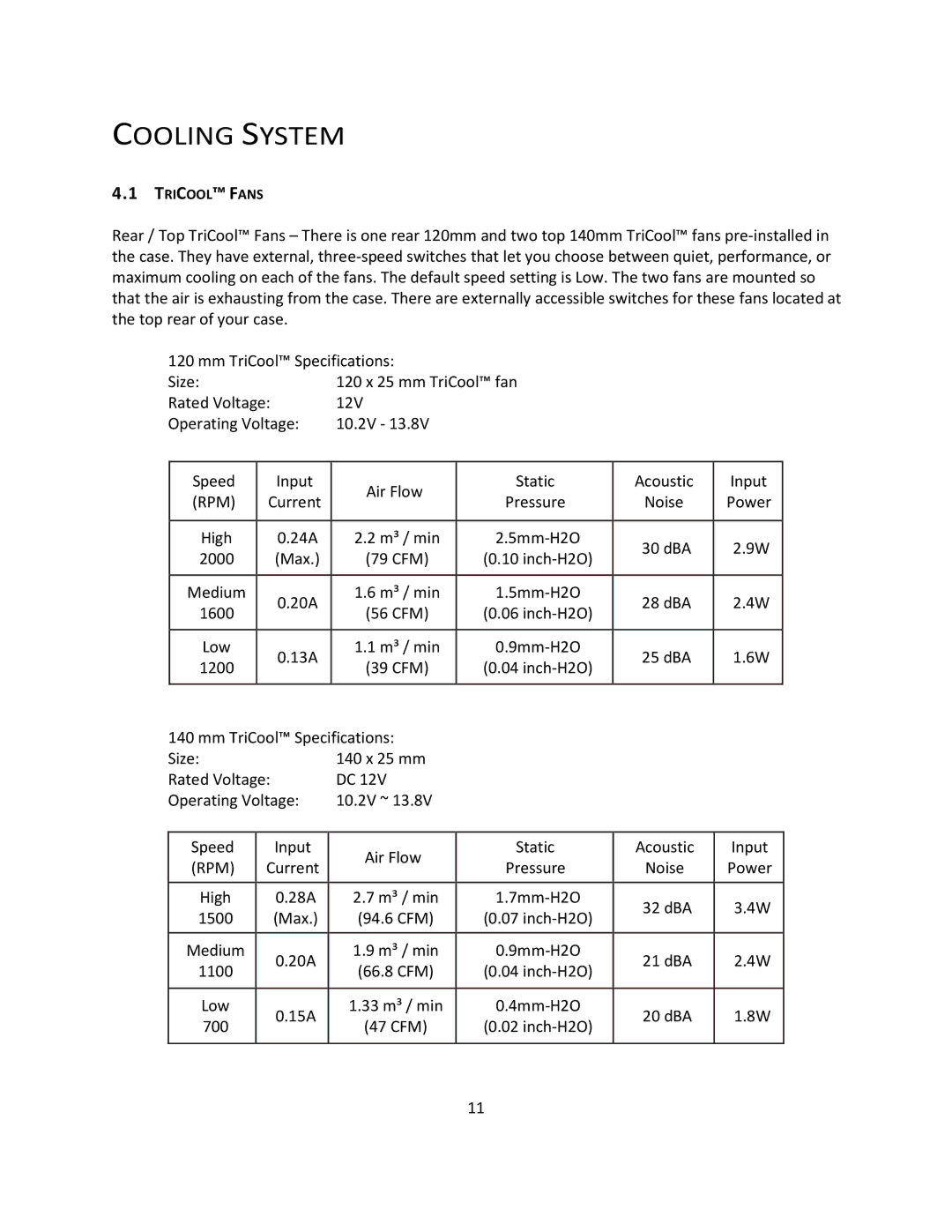 Antec P193 V3 user manual Cooling System, Tricool Fans 