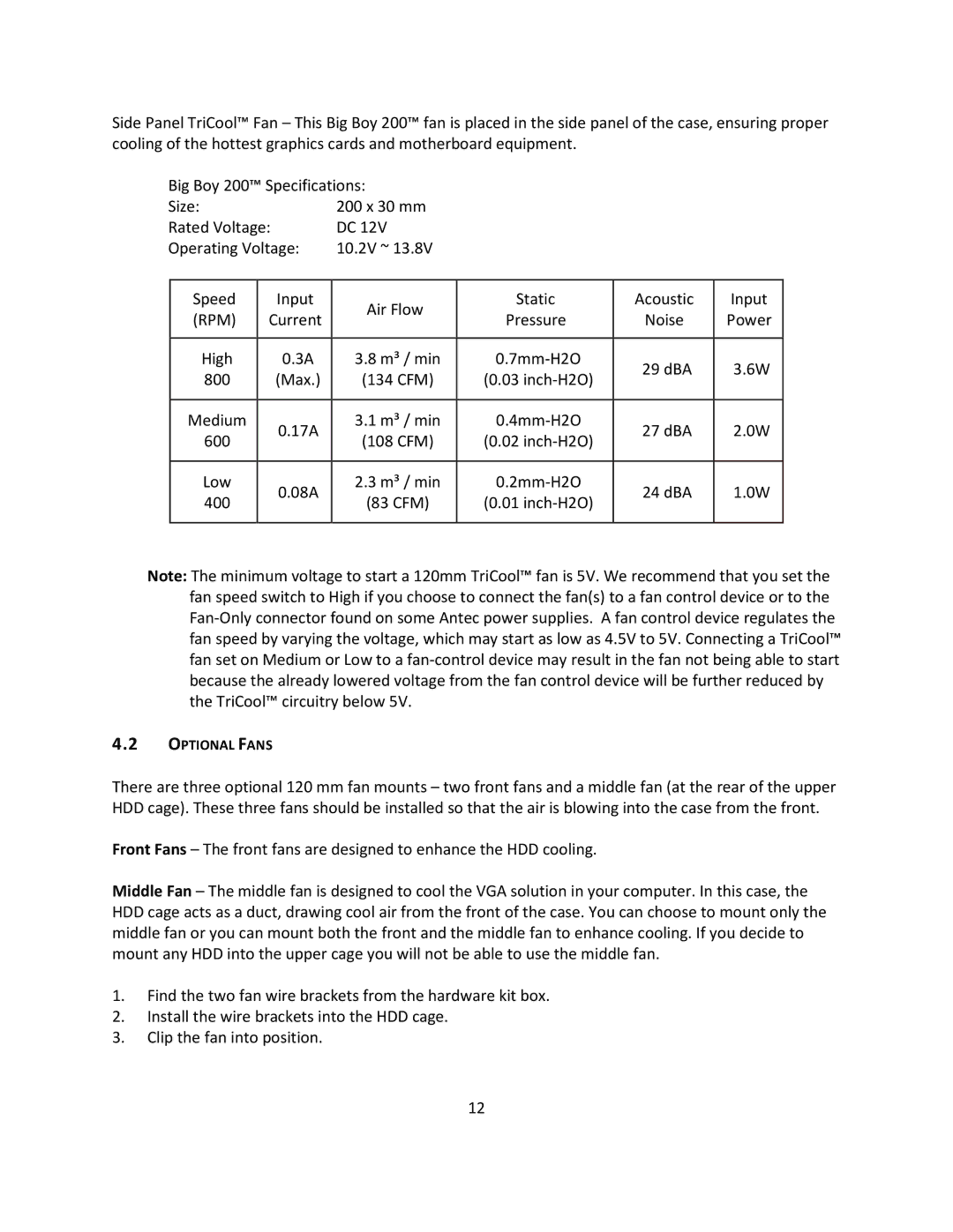 Antec P193 V3 user manual Optional Fans 