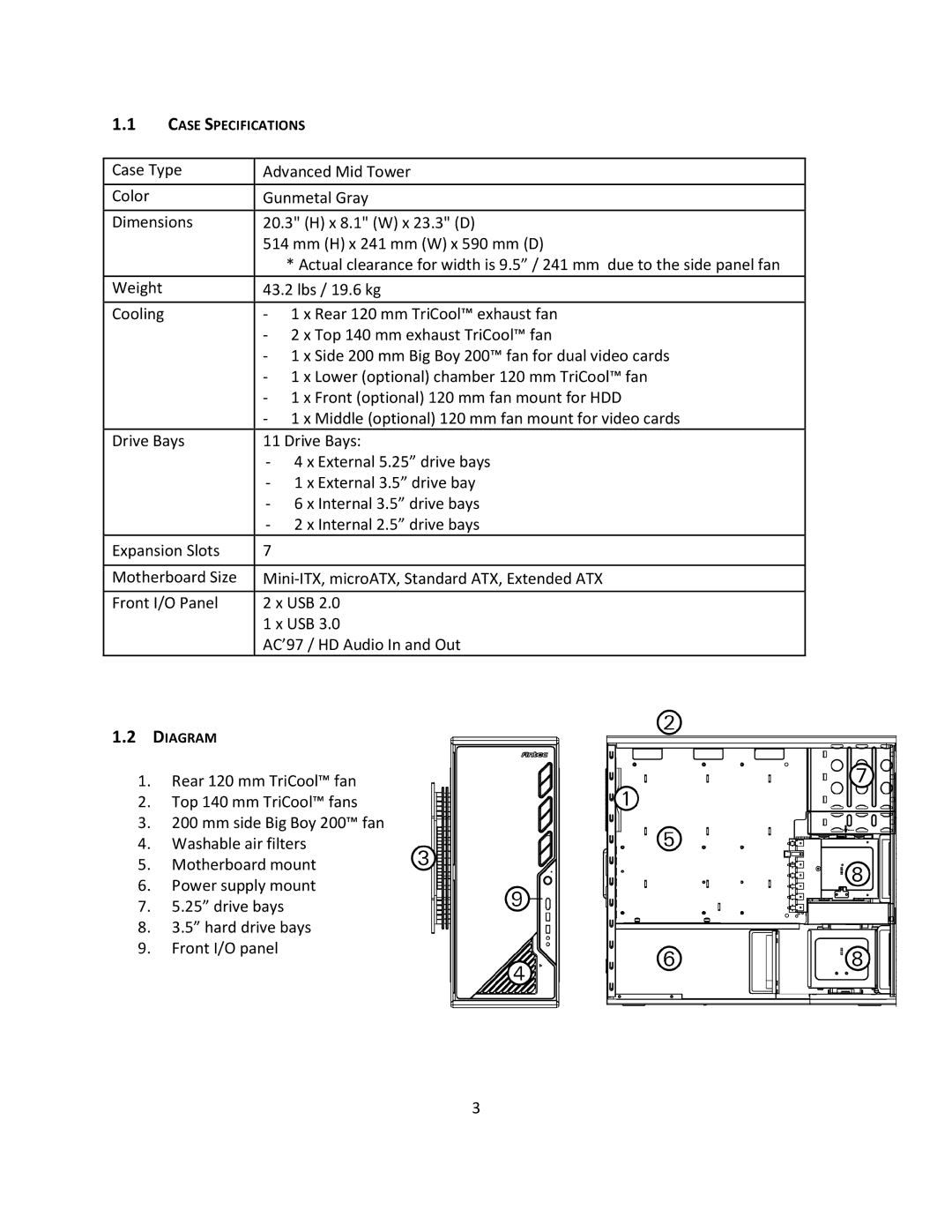 Antec P193 V3 user manual Case Specifications, Diagram 