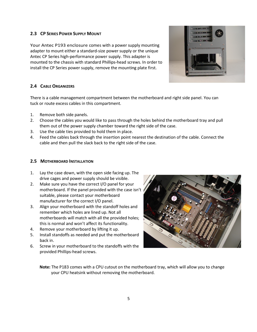 Antec P193 V3 user manual CP Series Power Supply Mount, Cable Organizers, Motherboard Installation 