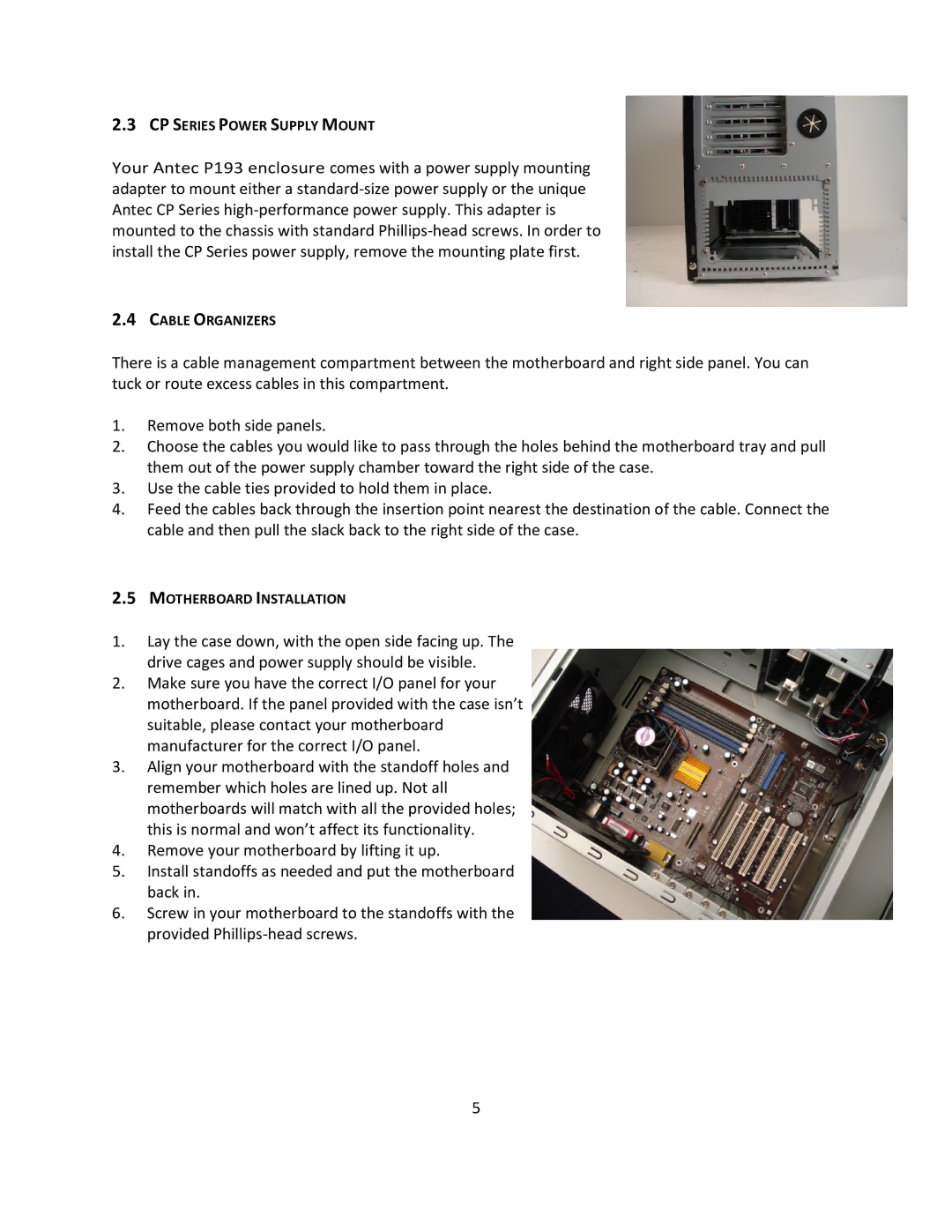 Antec P193 user manual CP Series Power Supply Mount, Cable Organizers, Motherboard Installation 