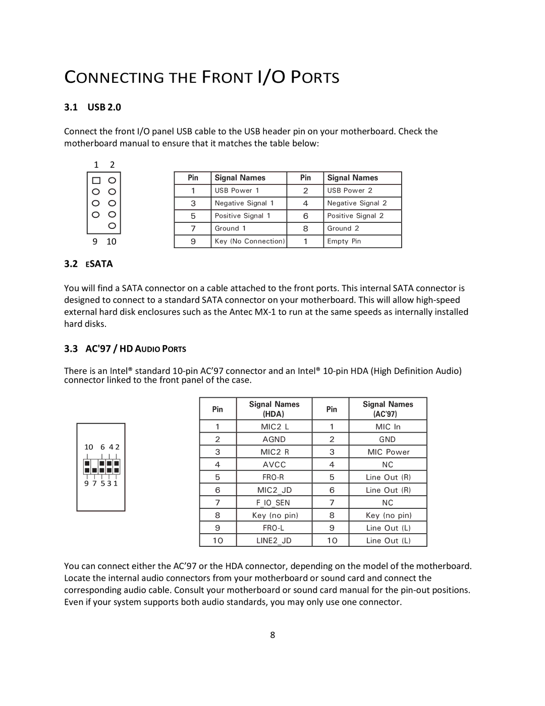 Antec P193 user manual Connecting the Front I/O Ports, Usb 