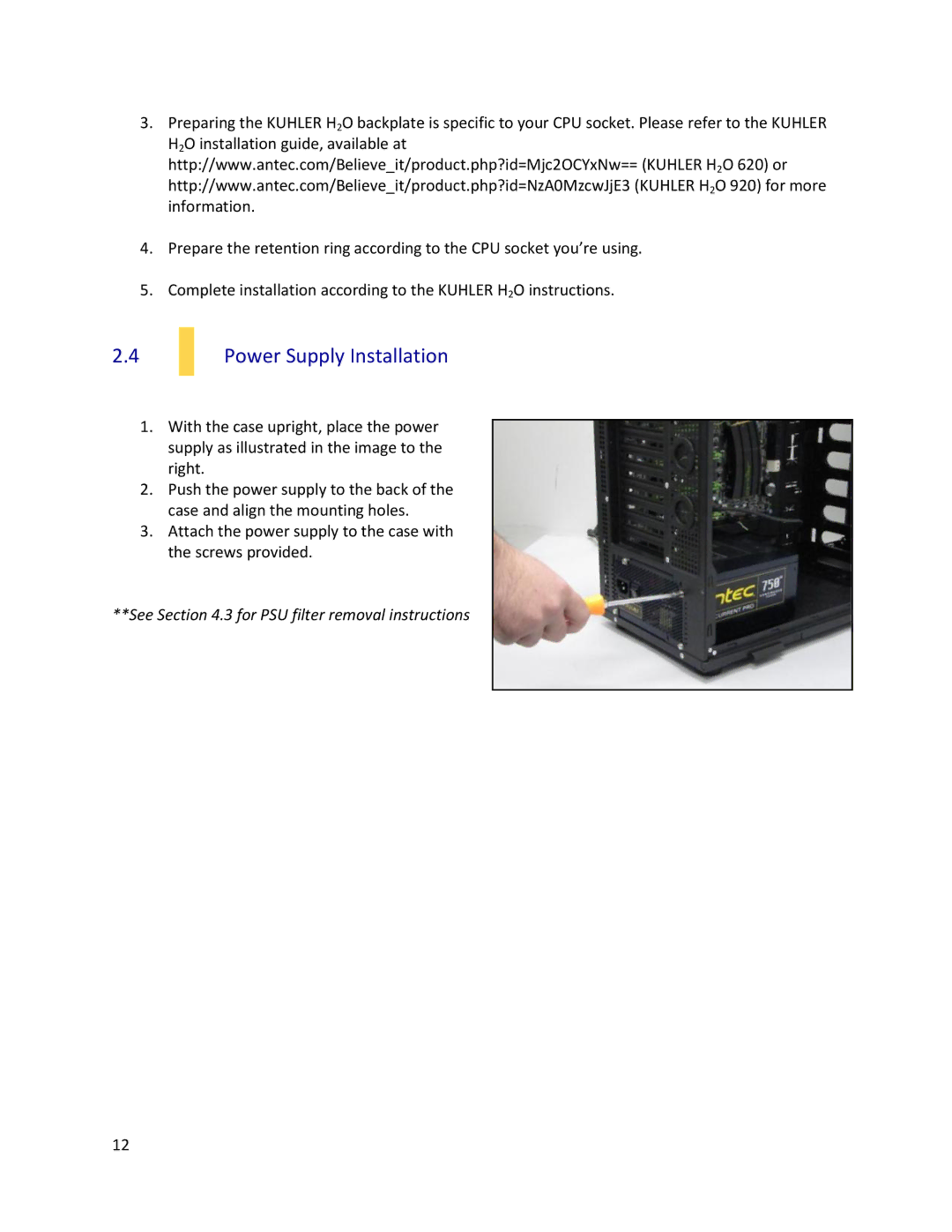 Antec P280 user manual Power Supply Installation 