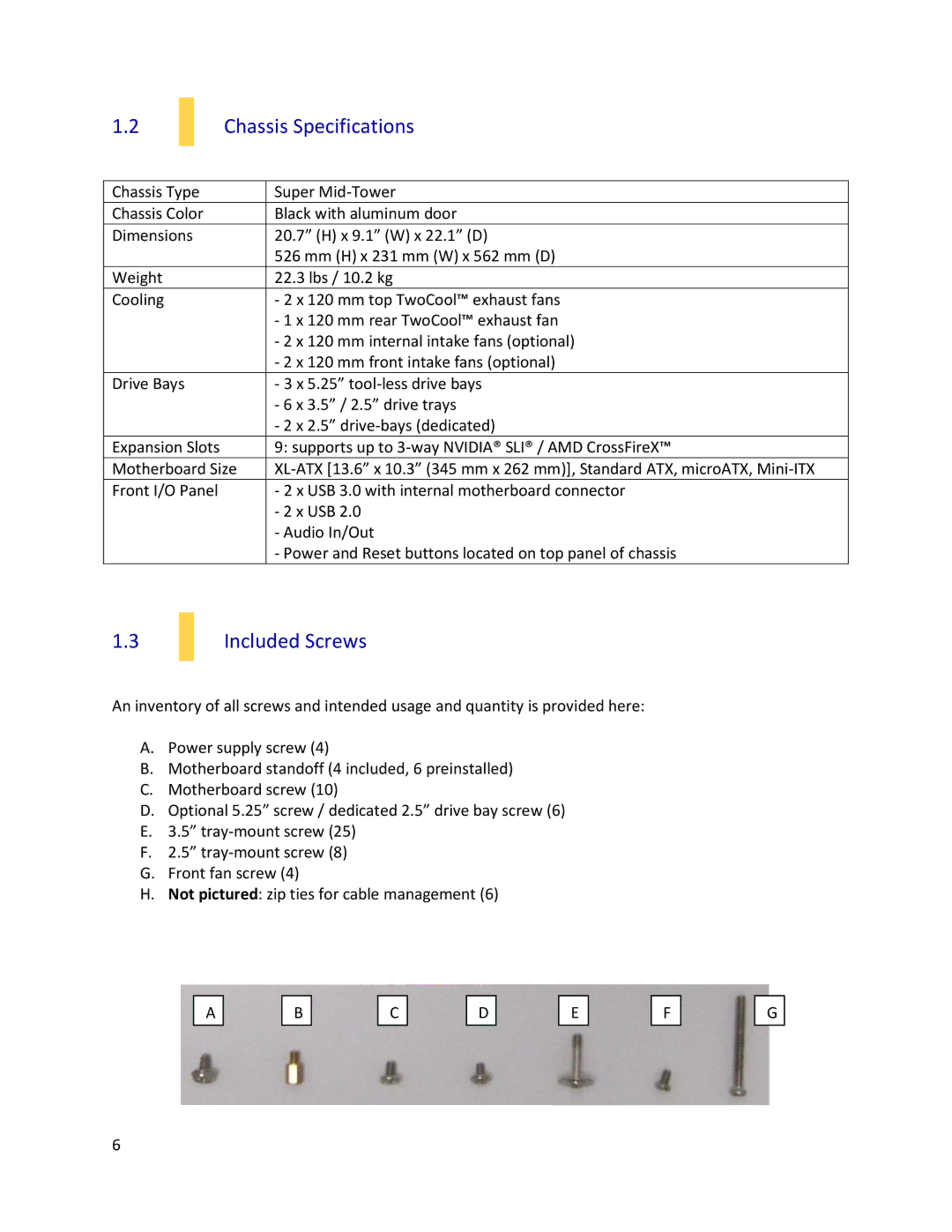 Antec P280 user manual Chassis Specifications, Included Screws 