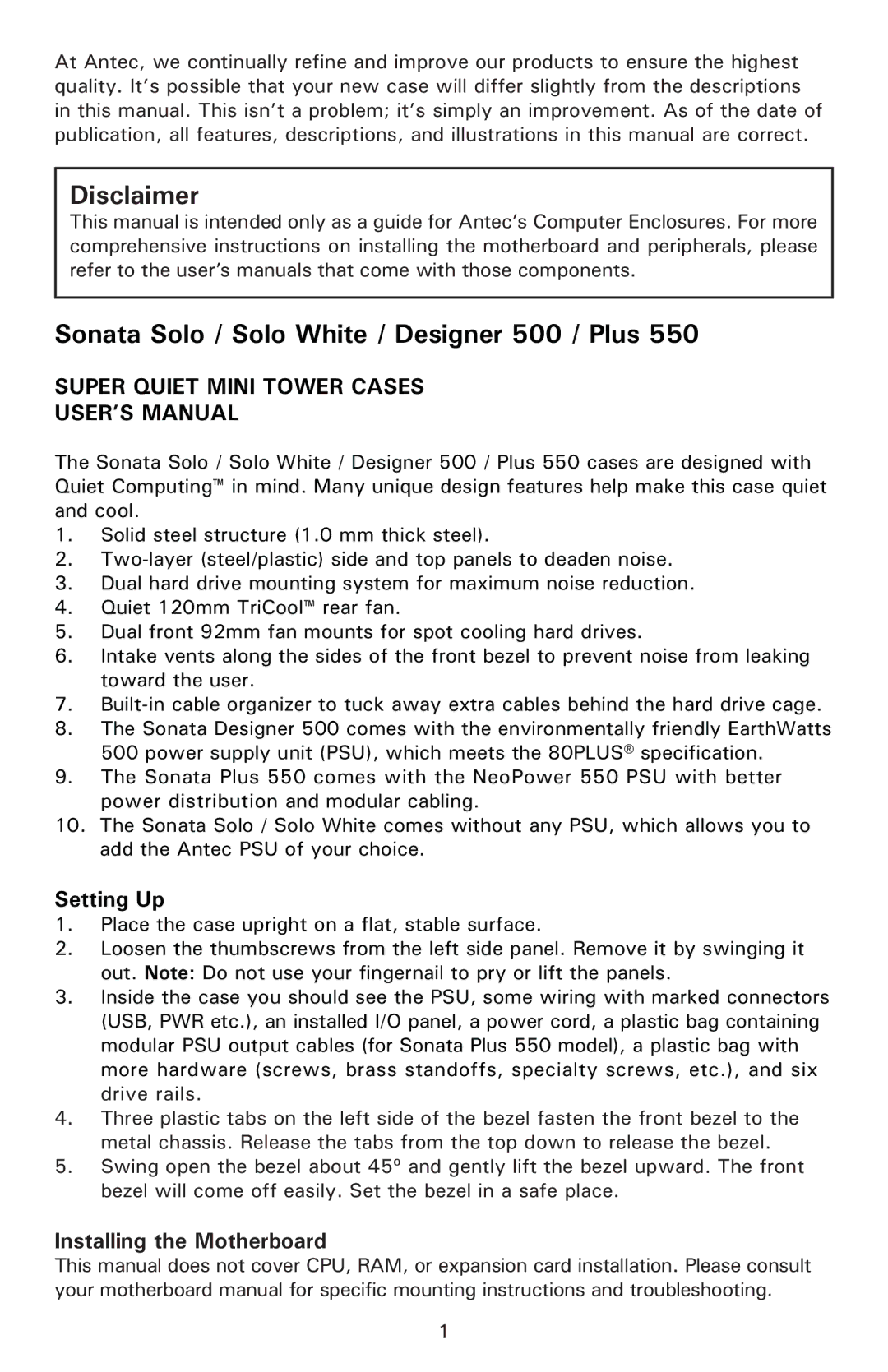 Antec Designer 500, Plus 550, Solo White user manual Disclaimer, Installing the Motherboard 