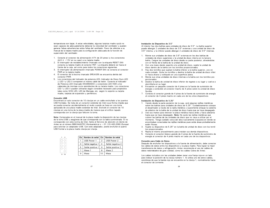 Antec SLK1650B user manual Conexión USB, Nombre de señal, Instalación de Dispositivo de, Conexión para Cable de Datos 