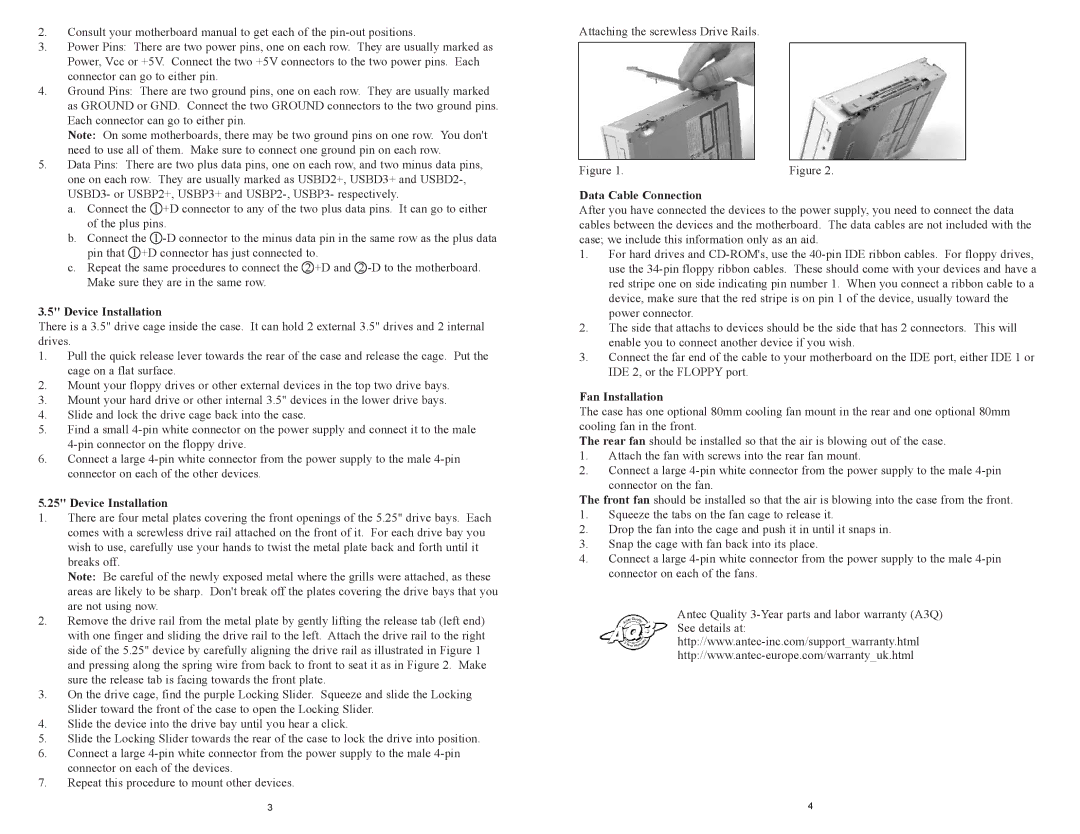 Antec SLK2600AMB user manual Device Installation, Data Cable Connection, Fan Installation 