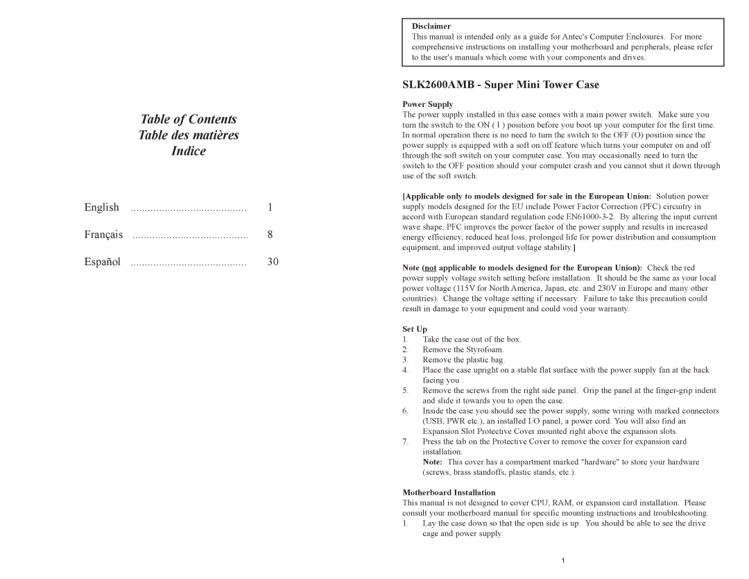Antec SLK2600AMB user manual Table of Contents Table des matières Indice 