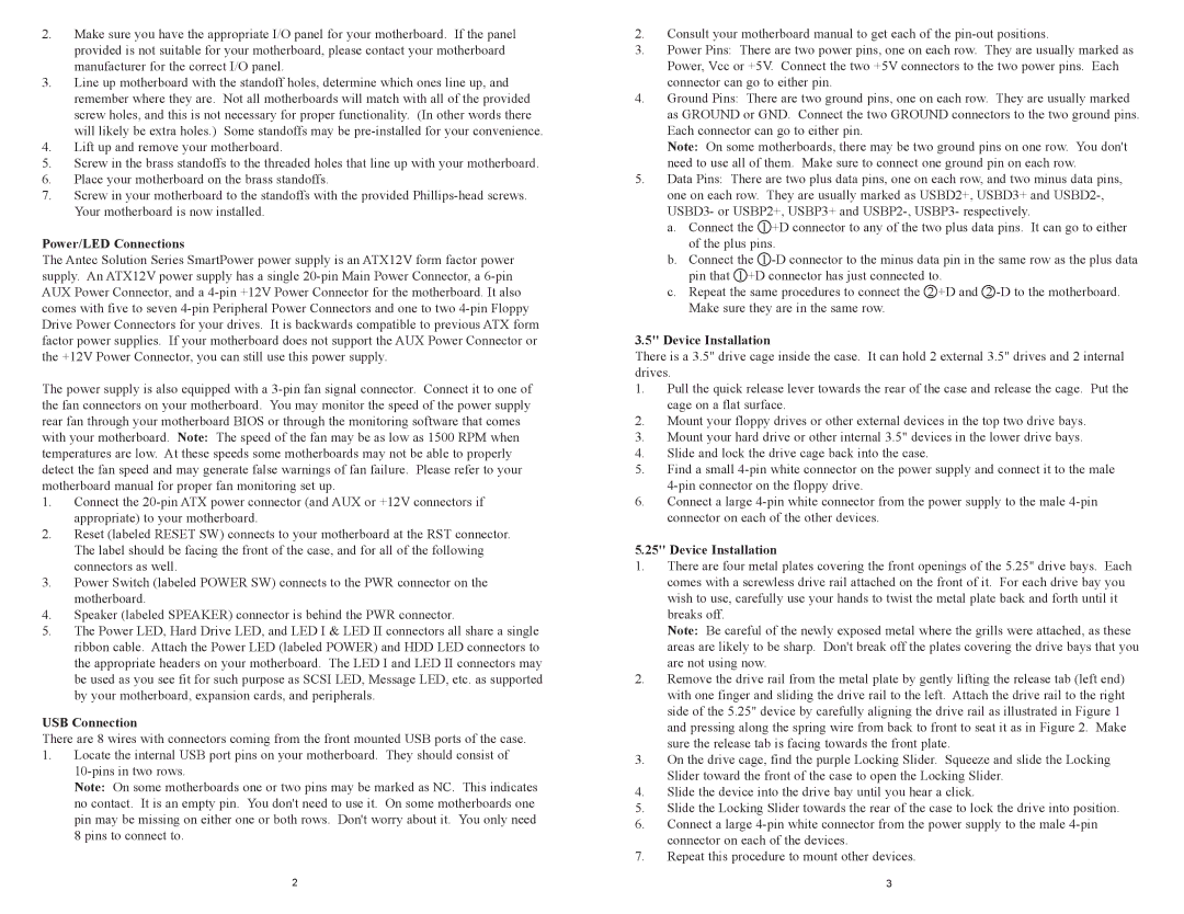 Antec SLK2600AMB user manual Power/LED Connections, USB Connection, Device Installation 