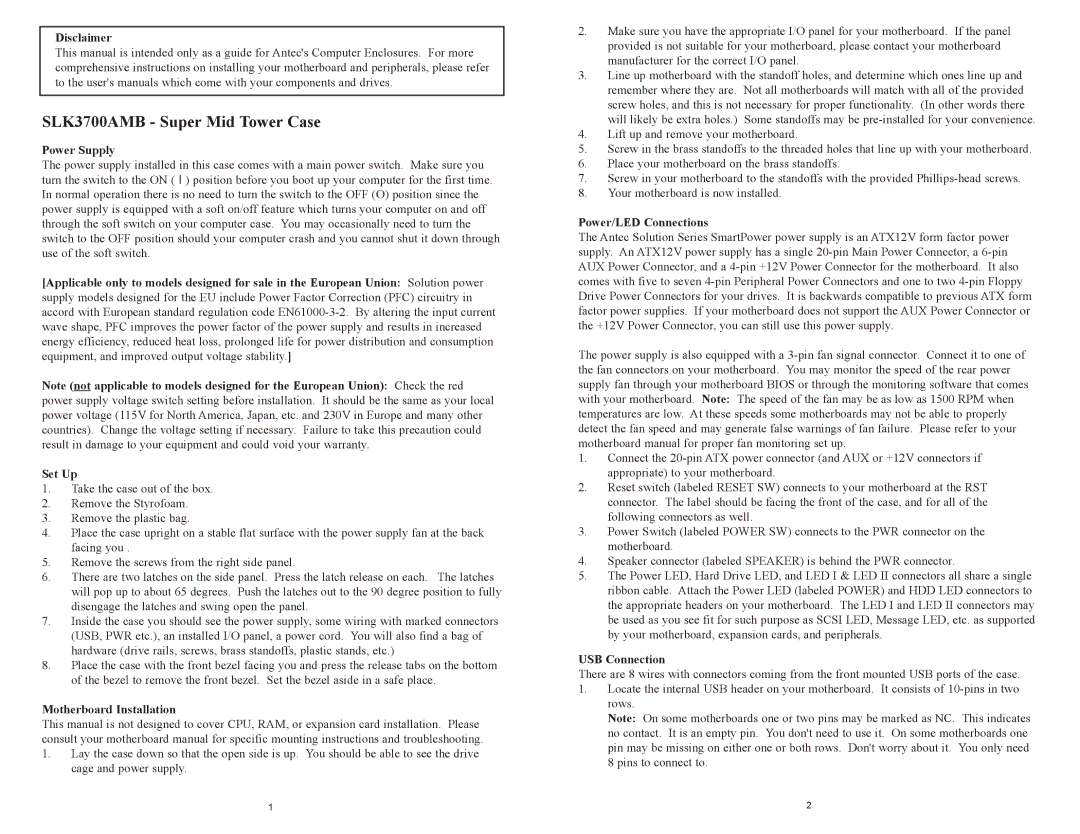 Antec SLK3700AMB user manual Disclaimer, Power Supply, Motherboard Installation, Power/LED Connections, USB Connection 