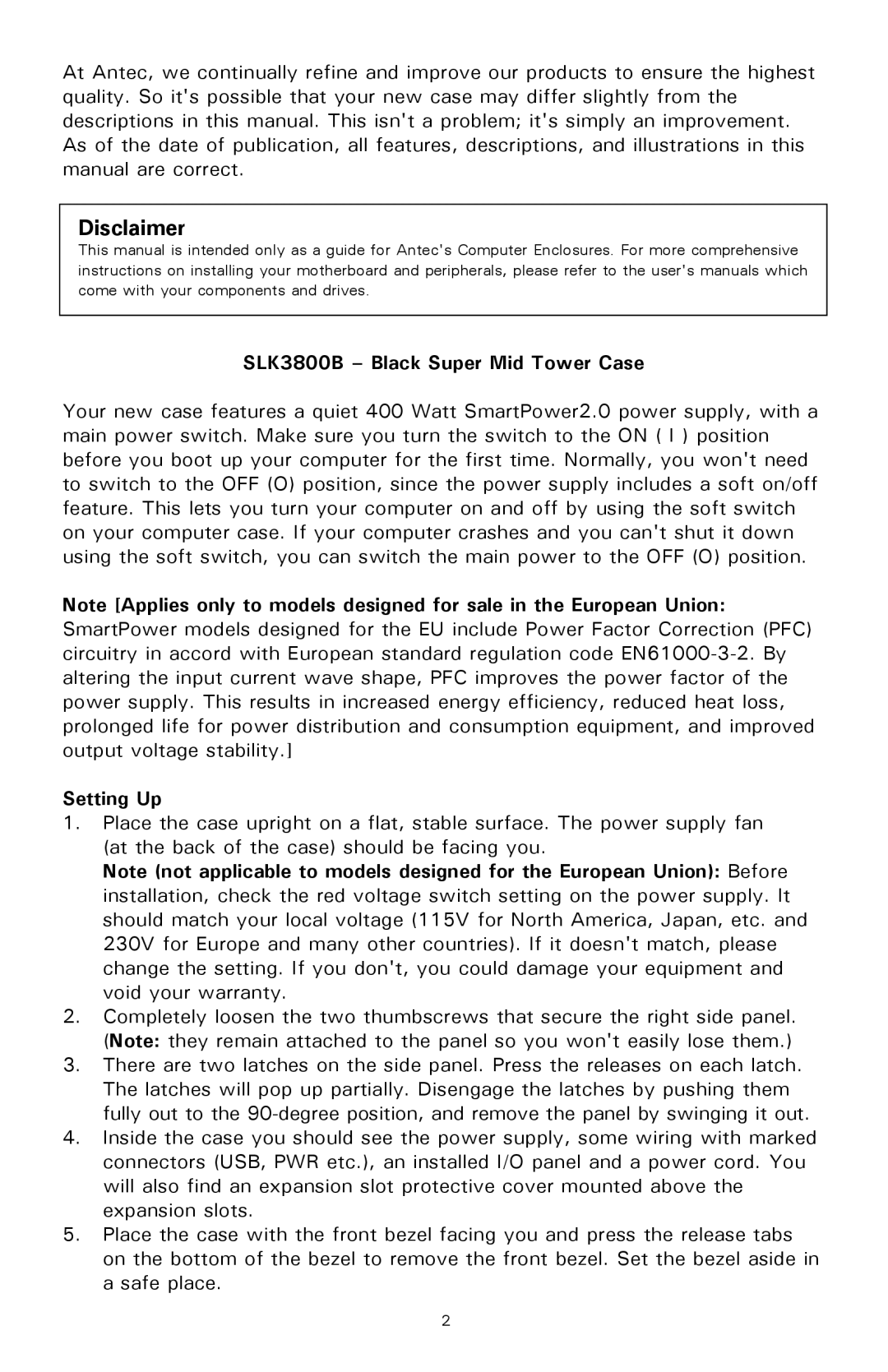 Antec user manual Disclaimer, SLK3800B Black Super Mid Tower Case, Setting Up 