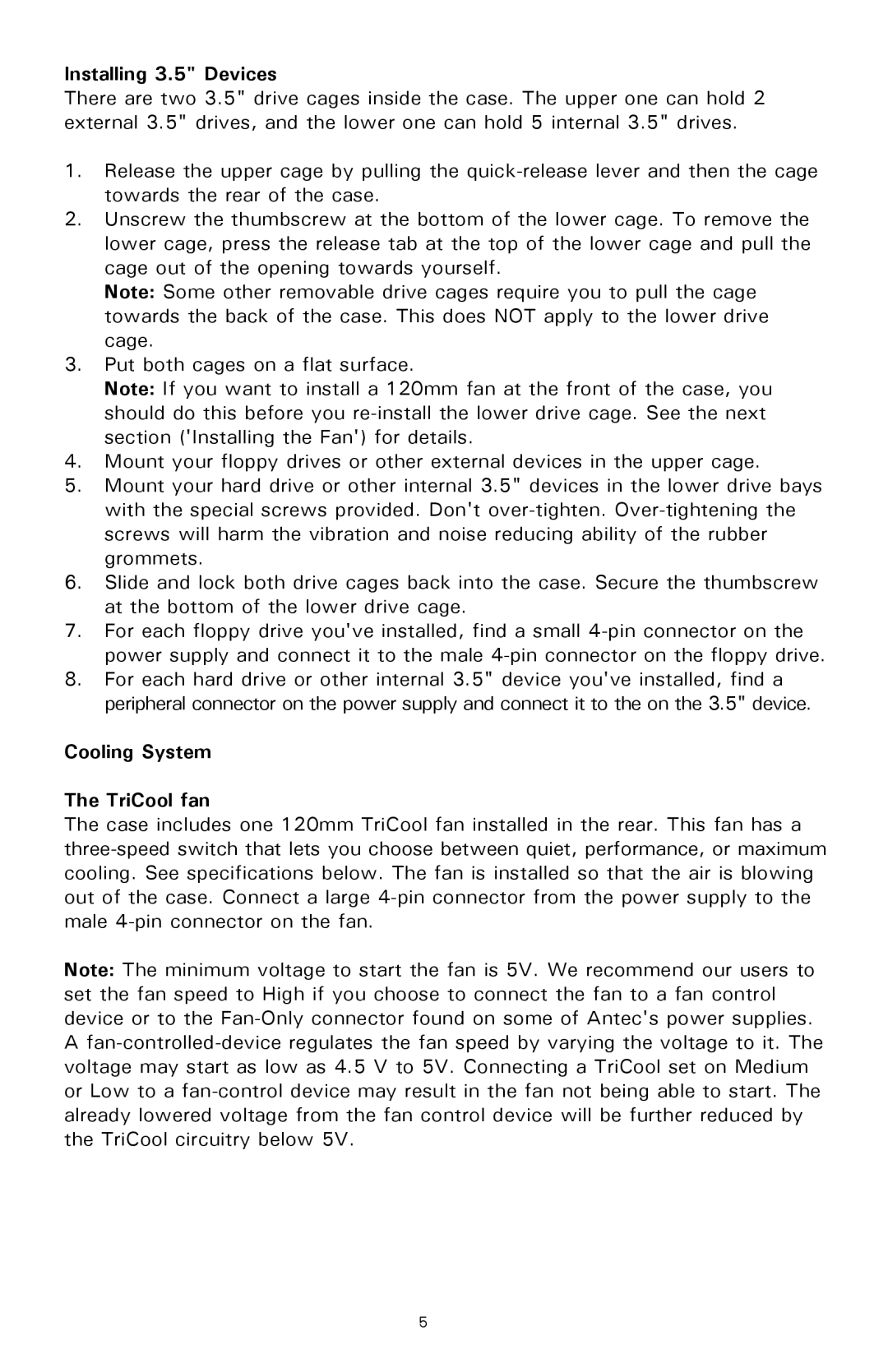 Antec SLK3800B user manual Installing 3.5 Devices, Cooling System TriCool fan 