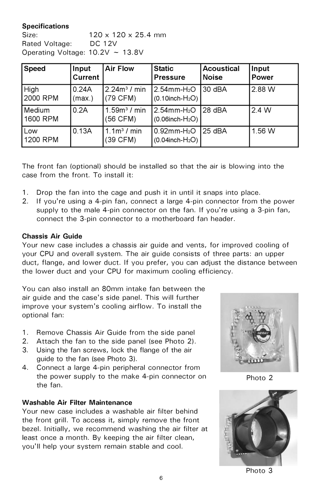 Antec SLK3800B user manual Specifications, Chassis Air Guide, Washable Air Filter Maintenance 