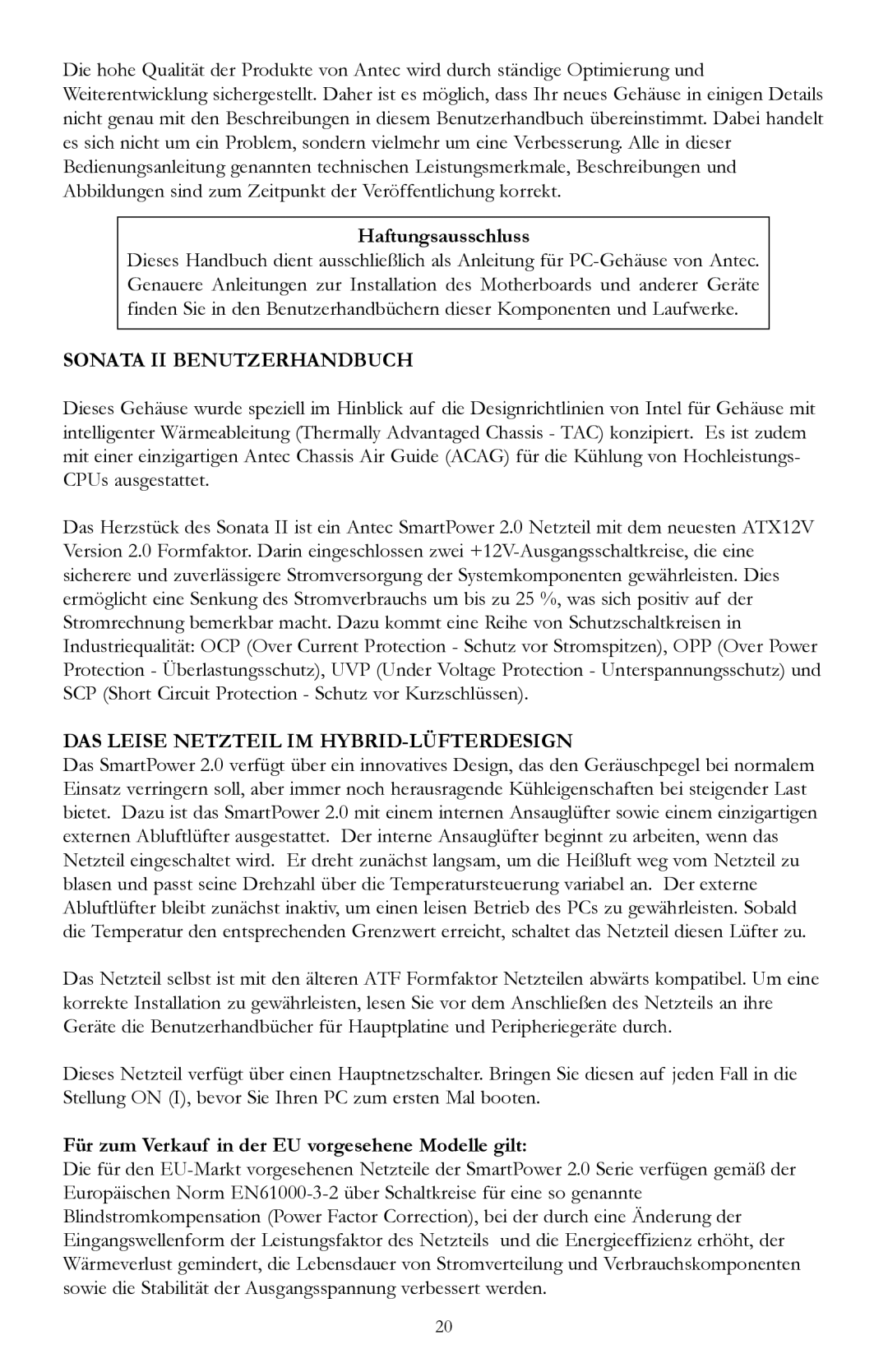 Antec user manual Haftungsausschluss, Sonata II Benutzerhandbuch, DAS Leise Netzteil IM HYBRID-LÜFTERDESIGN 