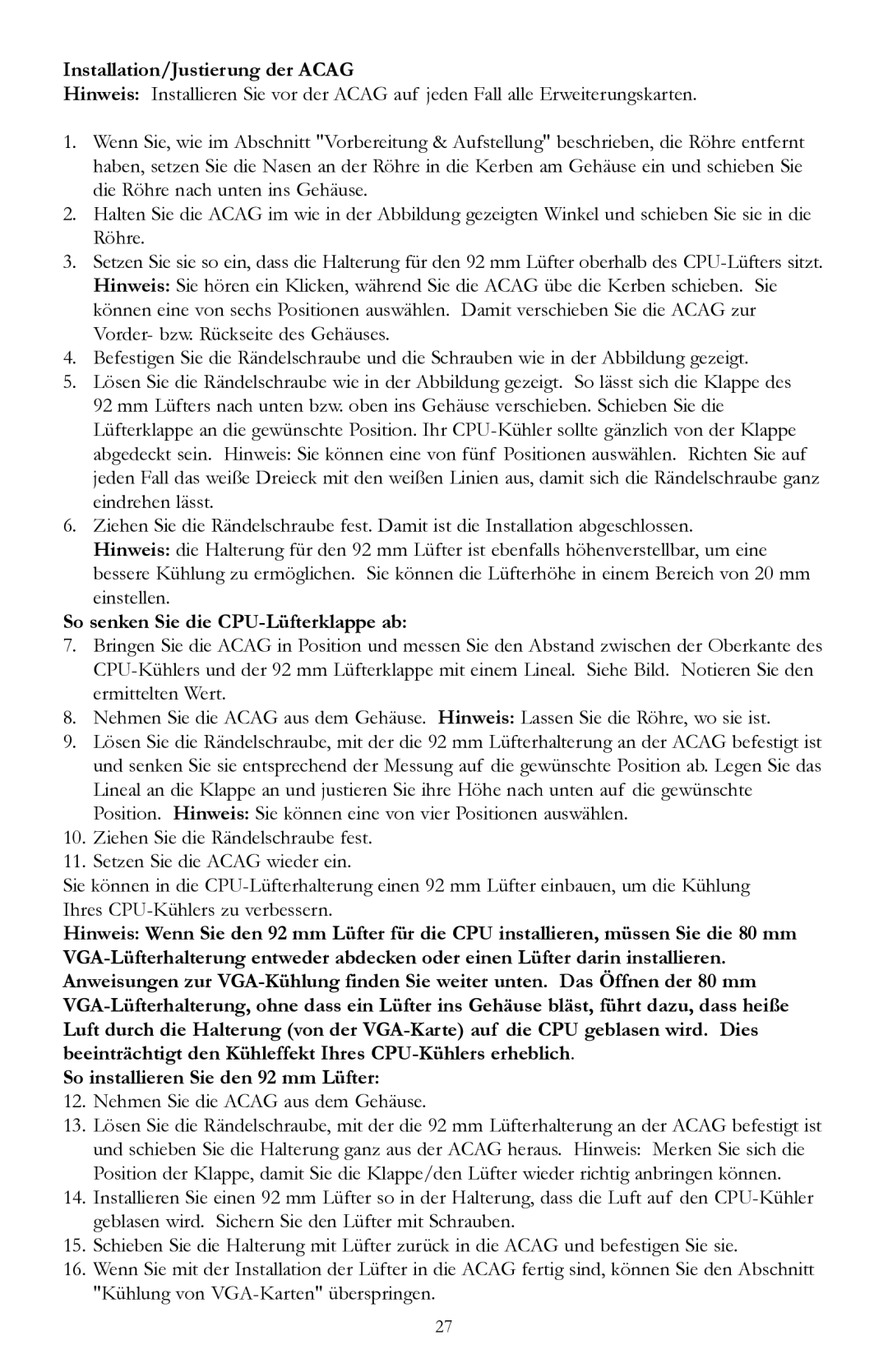 Antec Sonata II user manual Installation/Justierung der Acag, So senken Sie die CPU-Lüfterklappe ab 