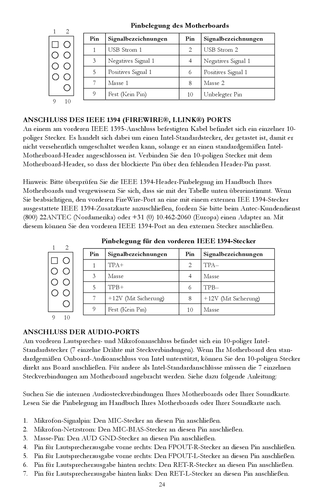 Antec Sonata II Pinbelegung des Motherboards, ANSCHLUSS DES IEEE 1394 FIREWIRE, I.LINK PORTS, Anschluss Der Audio-Ports 