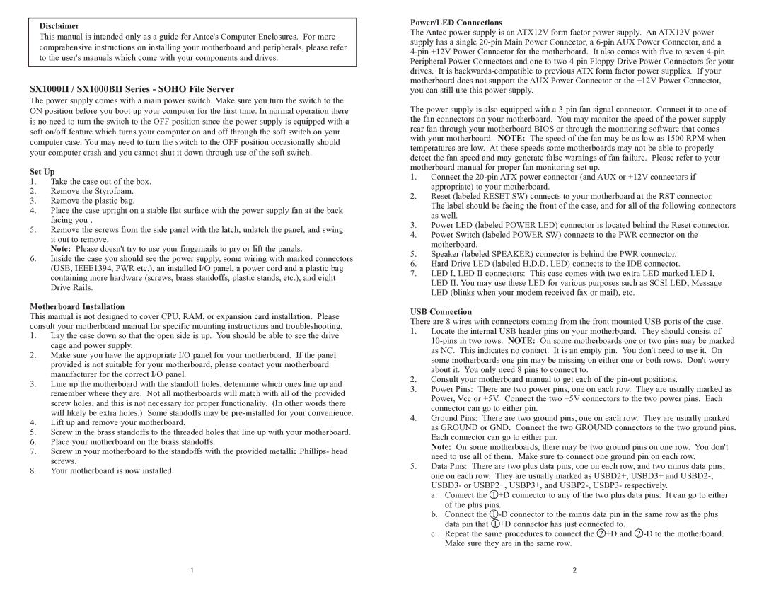 Antec SX1000BII, SX1000II user manual Disclaimer, Set Up, Motherboard Installation, Power/LED Connections, USB Connection 