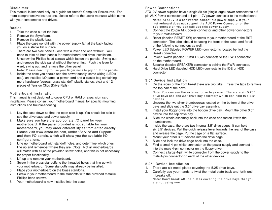 Antec SX1240 user manual Disclaimer Basics, Motherboard Installation, Power Connections, Device Installation 