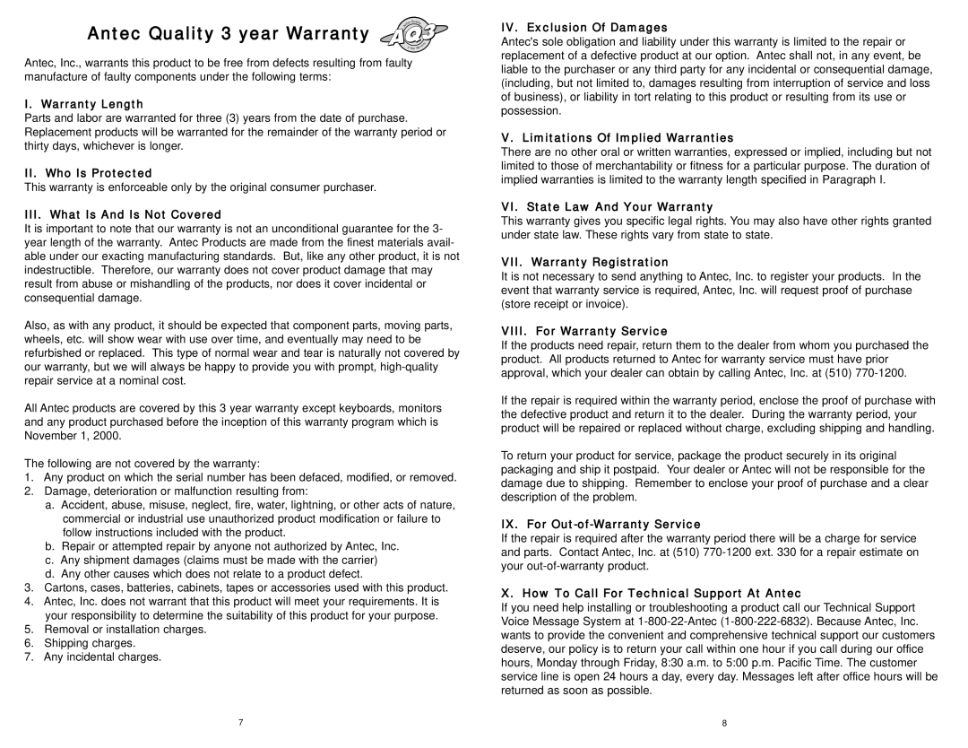 Antec SX1240 user manual Antec Quality 3 year Warranty, IV. Exclusion Of Damages, V. Limitations Of Implied Warranties 
