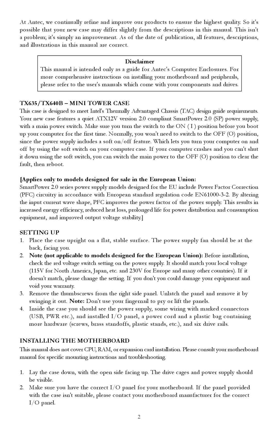 Antec user manual Disclaimer, TX635/TX640B Mini Tower Case, Setting UP, Installing the Motherboard 