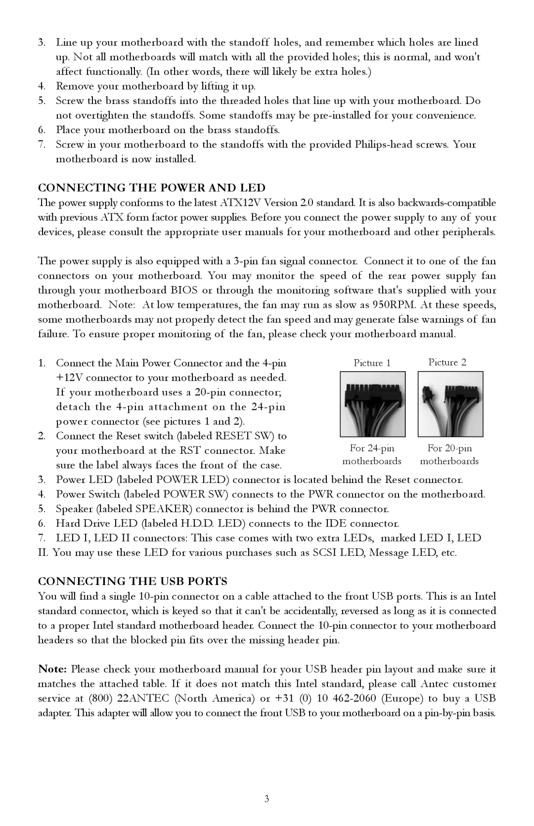 Antec TX635, TX640B user manual Connecting the Power and LED, Connecting the USB Ports 