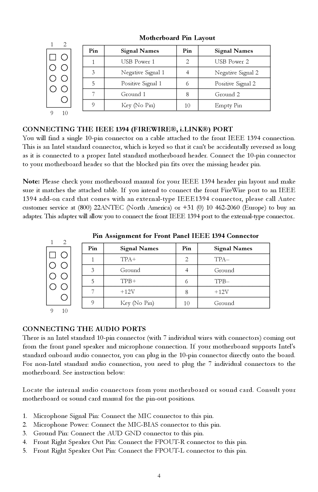 Antec TX640B, TX635 Motherboard Pin Layout, Connecting the Ieee 1394 FIREWIRE, i.LINK Port, Connecting the Audio Ports 