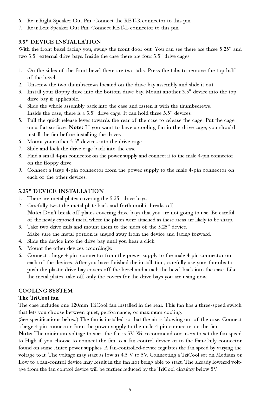 Antec TX635, TX640B user manual Device Installation, Cooling System, TriCool fan 