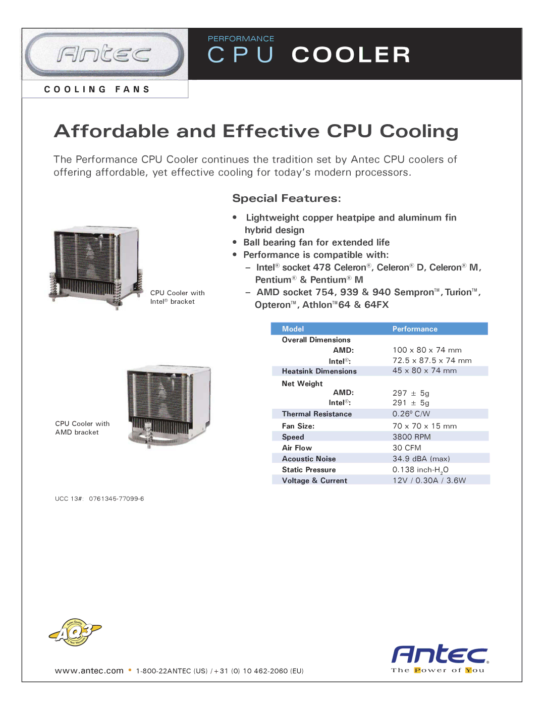 Antec UCC 13#: 0761345-77099-6 dimensions U Cooler, Affordable and Effective CPU Cooling, Special Features 