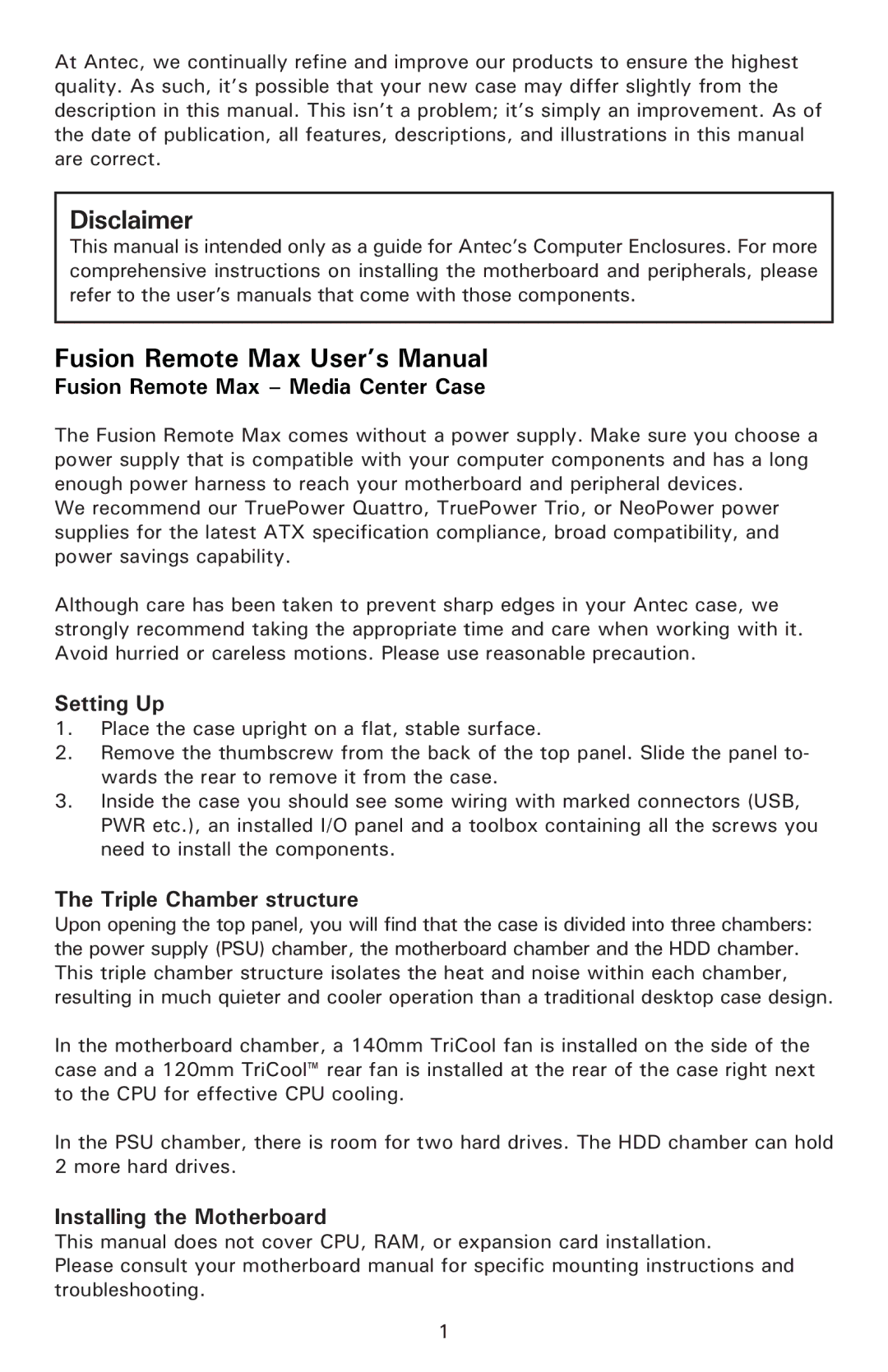 Antec UCC13# 0761345-15725-1 AP user manual Setting Up, Triple Chamber structure, Installing the Motherboard 