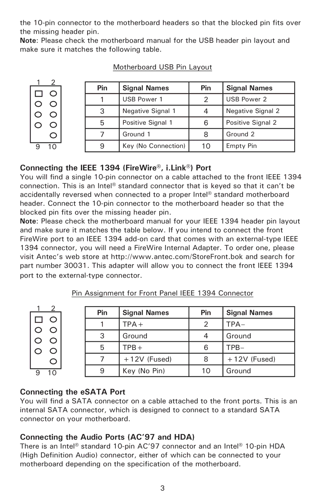 Antec UCC13# 0761345-15725-1 AP user manual Connecting the Ieee 1394 FireWire, i.Link Port, Connecting the eSATA Port 