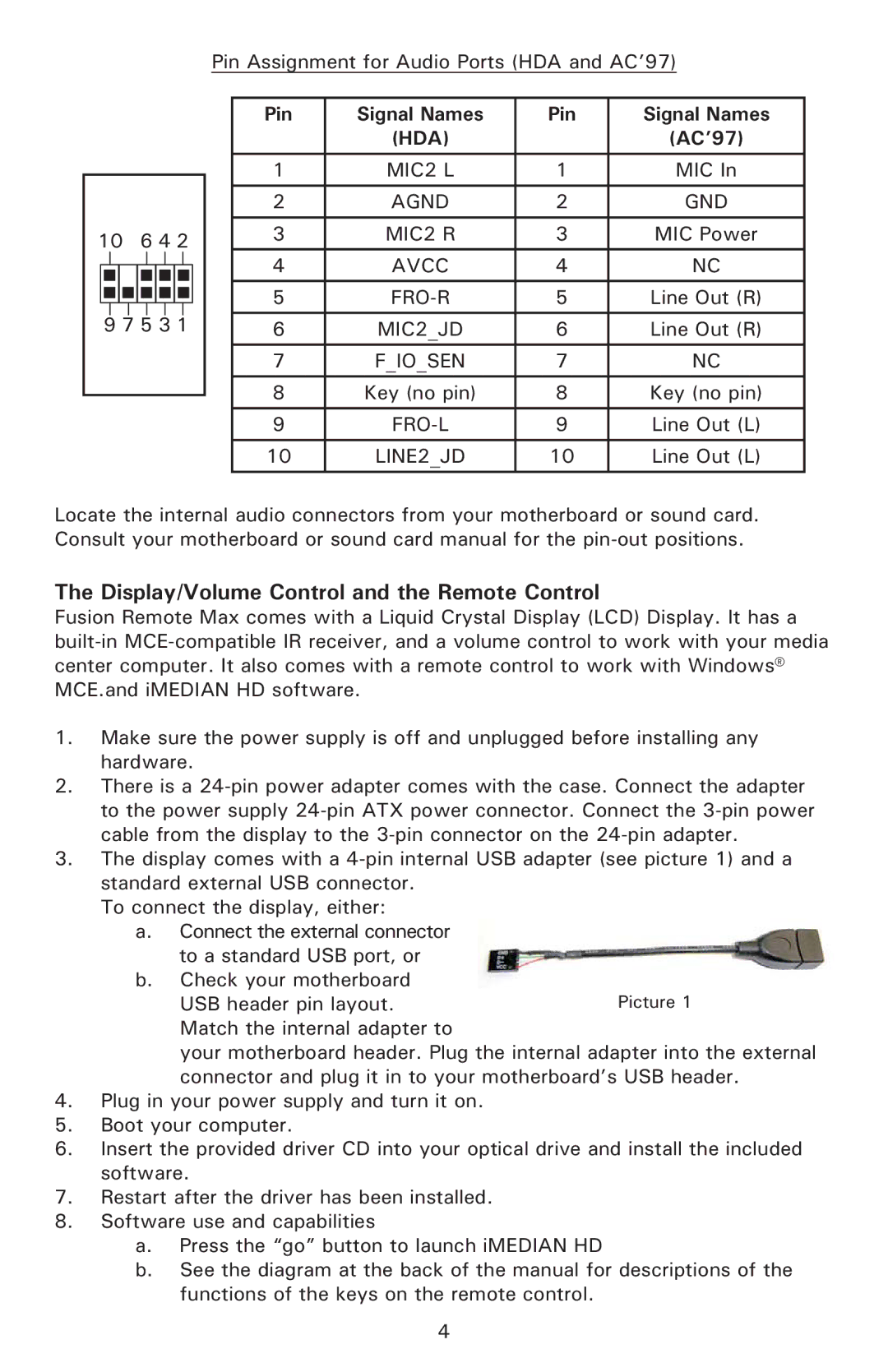 Antec UCC13# 0761345-05750-5 EU, UCC13# 0761345-15725-1 AP user manual Display/Volume Control and the Remote Control, Hda 