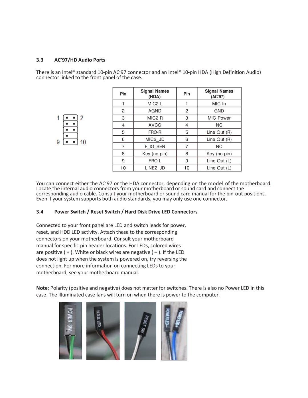 Antec V3 user manual Power Switch / Reset Switch / Hard Disk Drive LED Connectors 