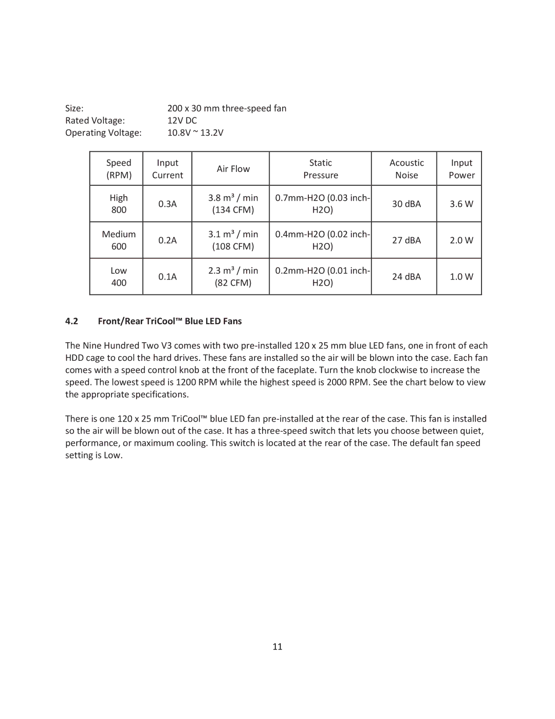 Antec V3 user manual Size, Rated Voltage 12V DC Operating Voltage 10.8V ~, High 800 Medium 600, Input Current Air Flow 