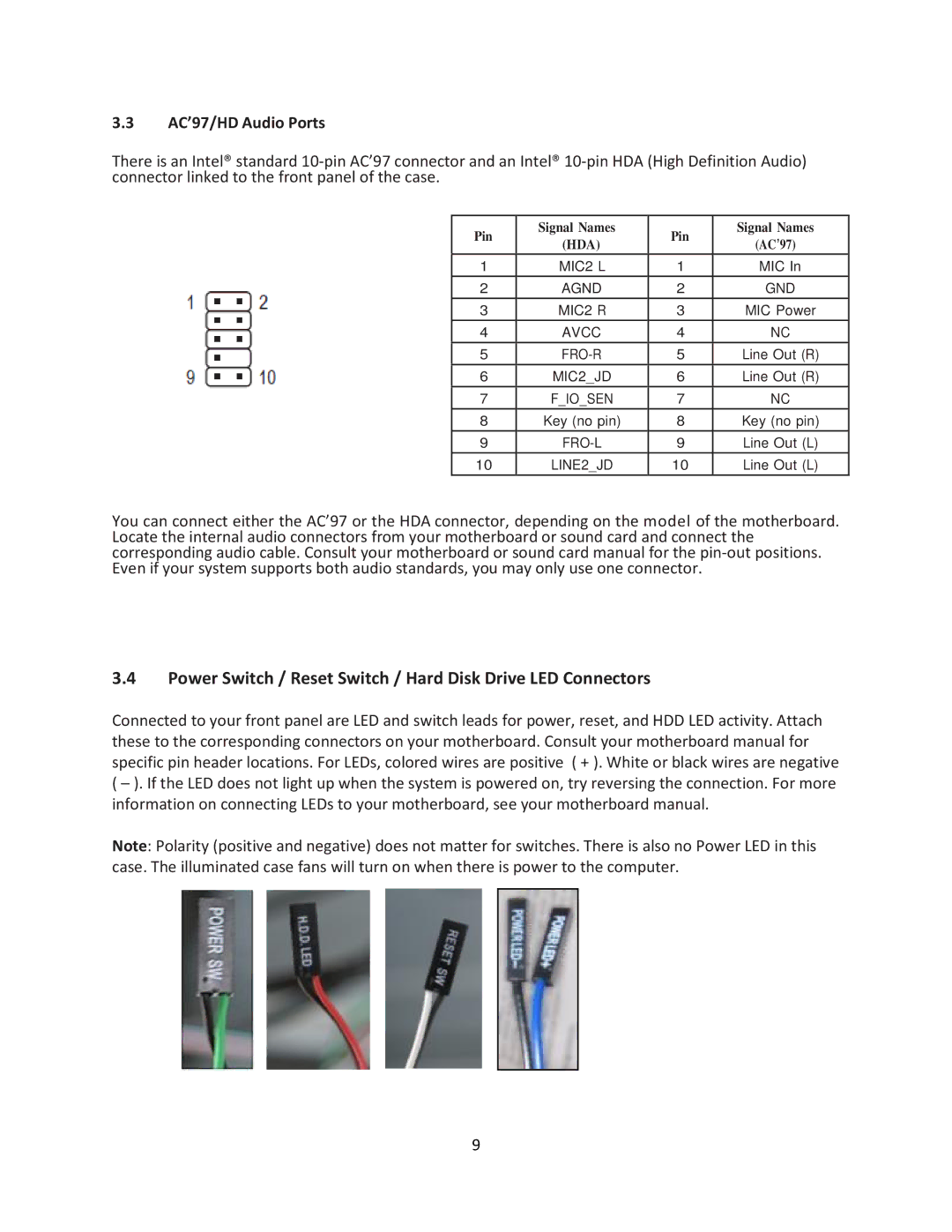 Antec V3 user manual Power Switch / Reset Switch / Hard Disk Drive LED Connectors 