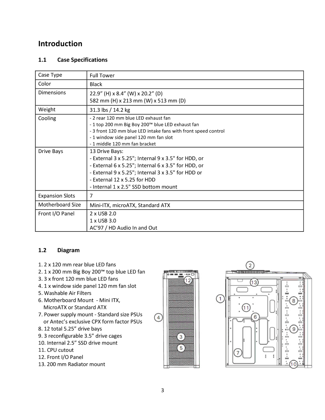 Antec V3 user manual Introduction, Case Specifications, Diagram 