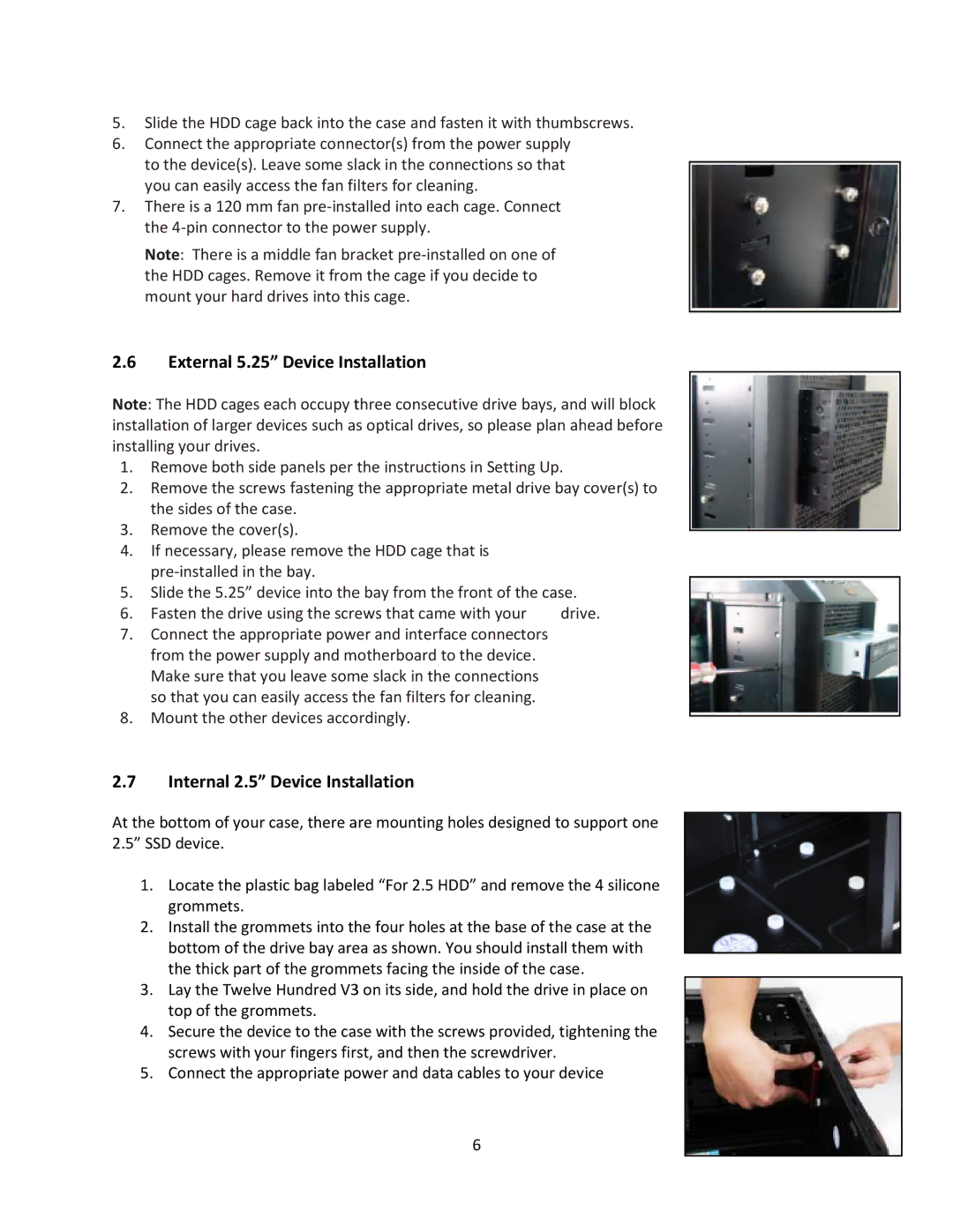 Antec V3 user manual External 5.25 Device Insstallation, Internal 2.5 Device Installation 