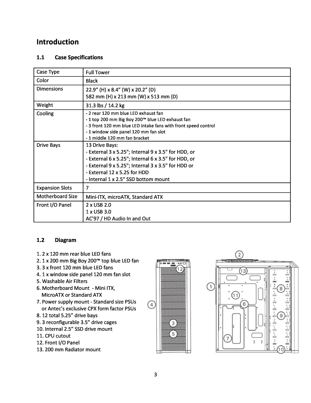 Antec V3 user manual Introduction, Case Specifications, Diagram 