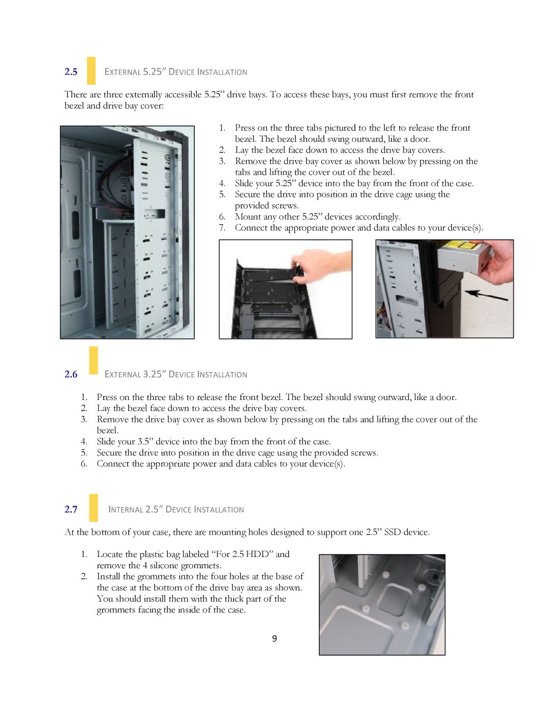 Antec VSK-1000 External 5.25 Device Installation, External 3.25 Device Installation, Internal 2.5 Device Installation 