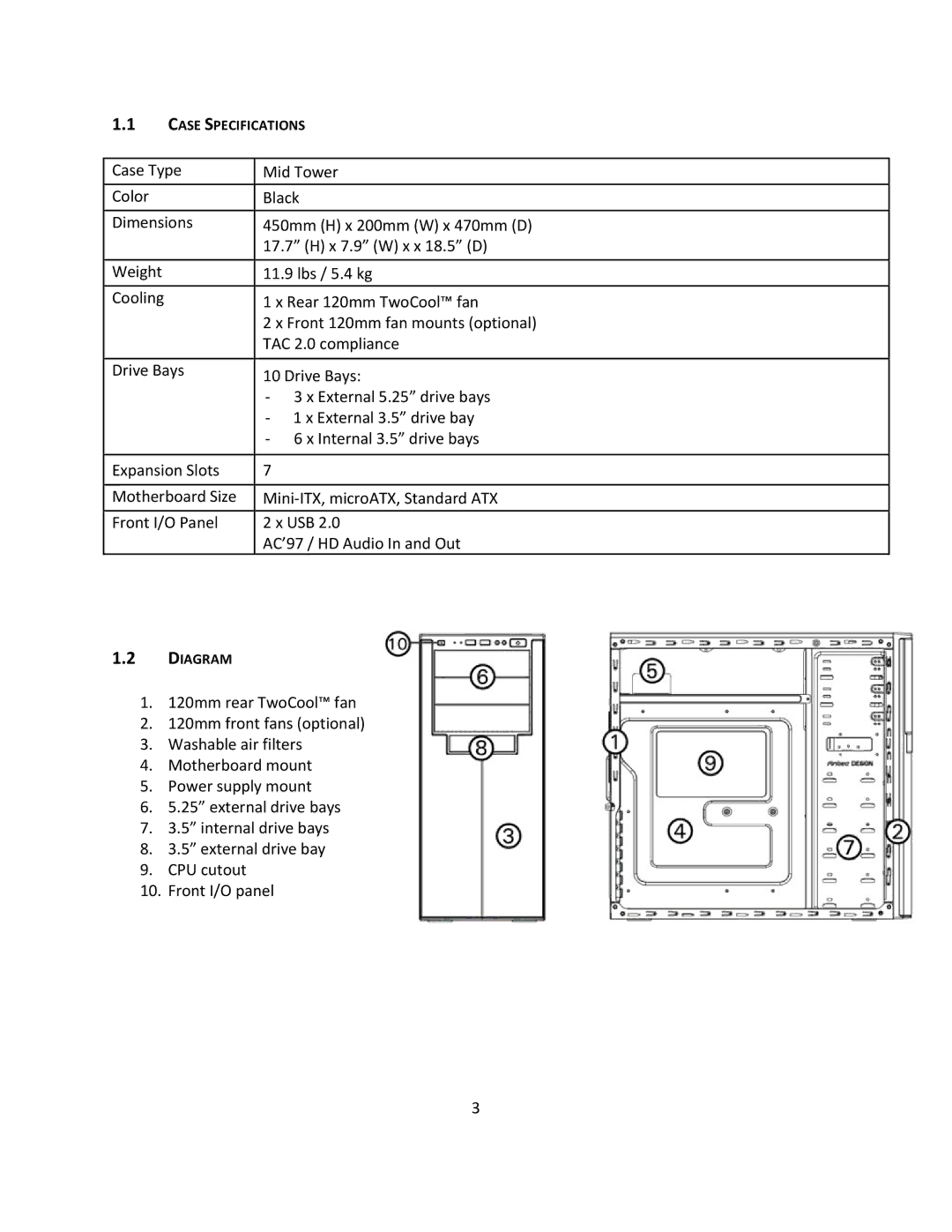 Antec VSK2450 manual Case Specifications 