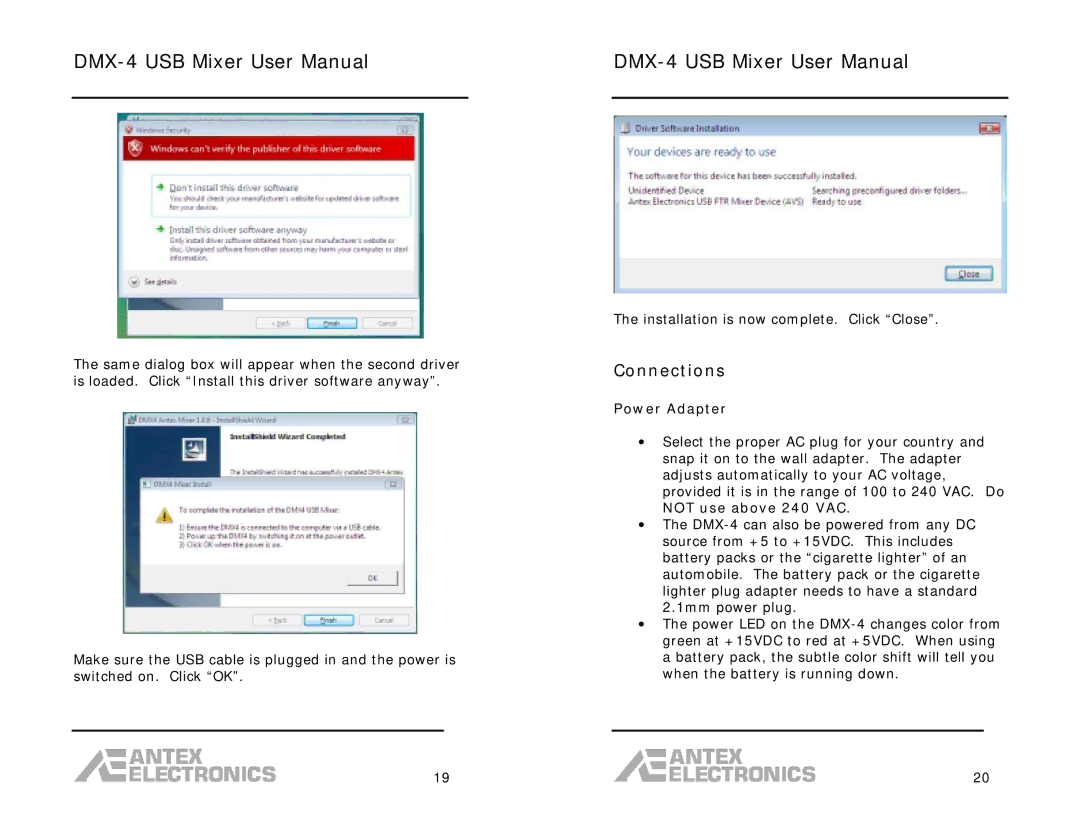 Antex electronic DMX-4 user manual Connections, Power Adapter, Not use above 240 VAC 