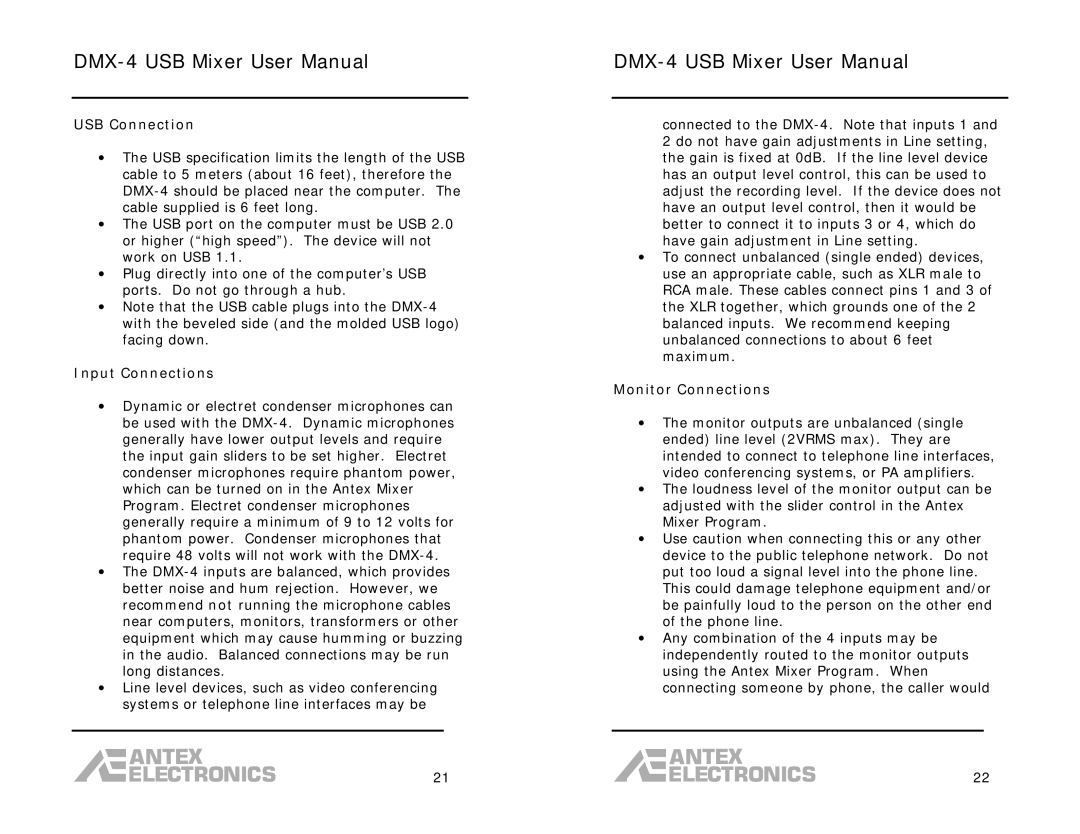 Antex electronic DMX-4 user manual USB Connection, Input Connections, Monitor Connections 