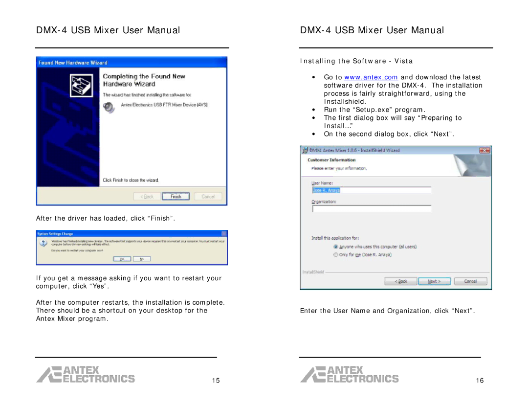 Antex electronic DMX-4 user manual Installing the Software Vista 