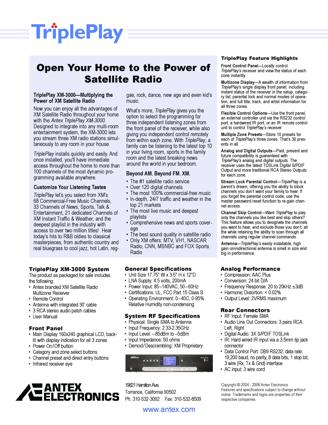 Antex electronic Satellite Radio Multizone Receiver manual Open Your Home to the Power of Satellite Radio 
