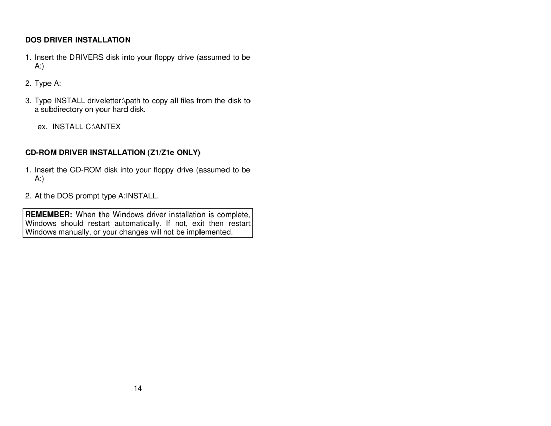 Antex electronic SX-33E, SX-33B user manual DOS Driver Installation, CD-ROM Driver Installation Z1/Z1e only 