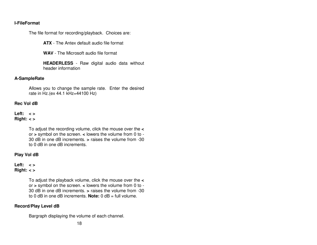 Antex electronic SX-33E FileFormat, SampleRate, Rec Vol dB Left Right, Play Vol dB Left Right, Record/Play Level dB 