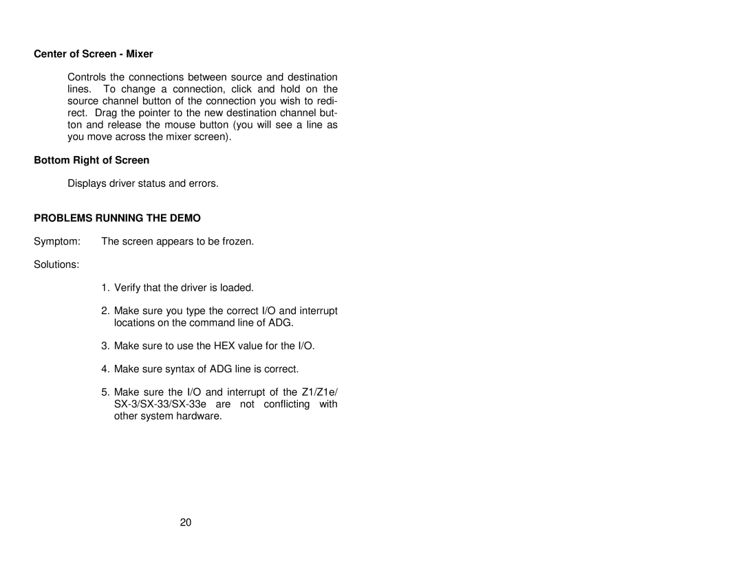Antex electronic SX-33B, SX-33E user manual Center of Screen Mixer, Bottom Right of Screen, Problems Running the Demo 
