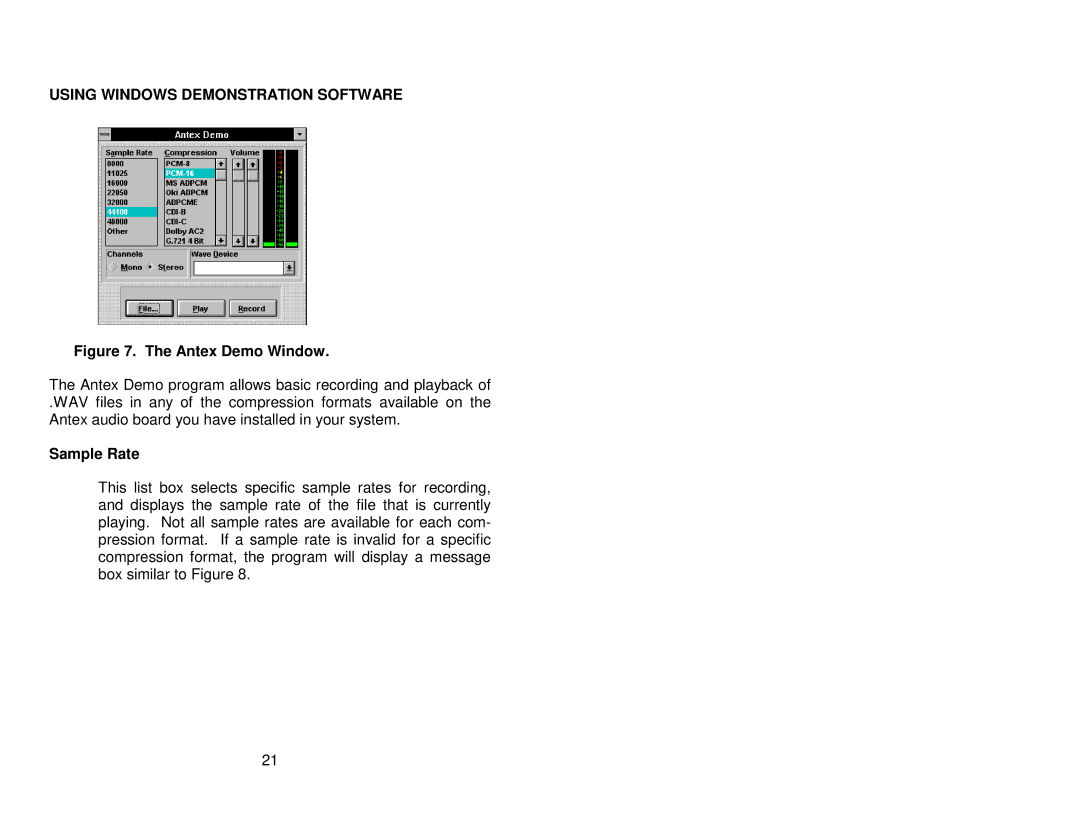 Antex electronic SX-33E, SX-33B user manual Using Windows Demonstration Software, Sample Rate 