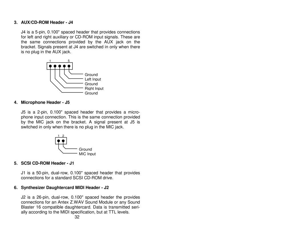 Antex electronic SX-33B, SX-33E user manual AUX/CD-ROM Header J4, Microphone Header J5, Scsi CD-ROM Header J1 