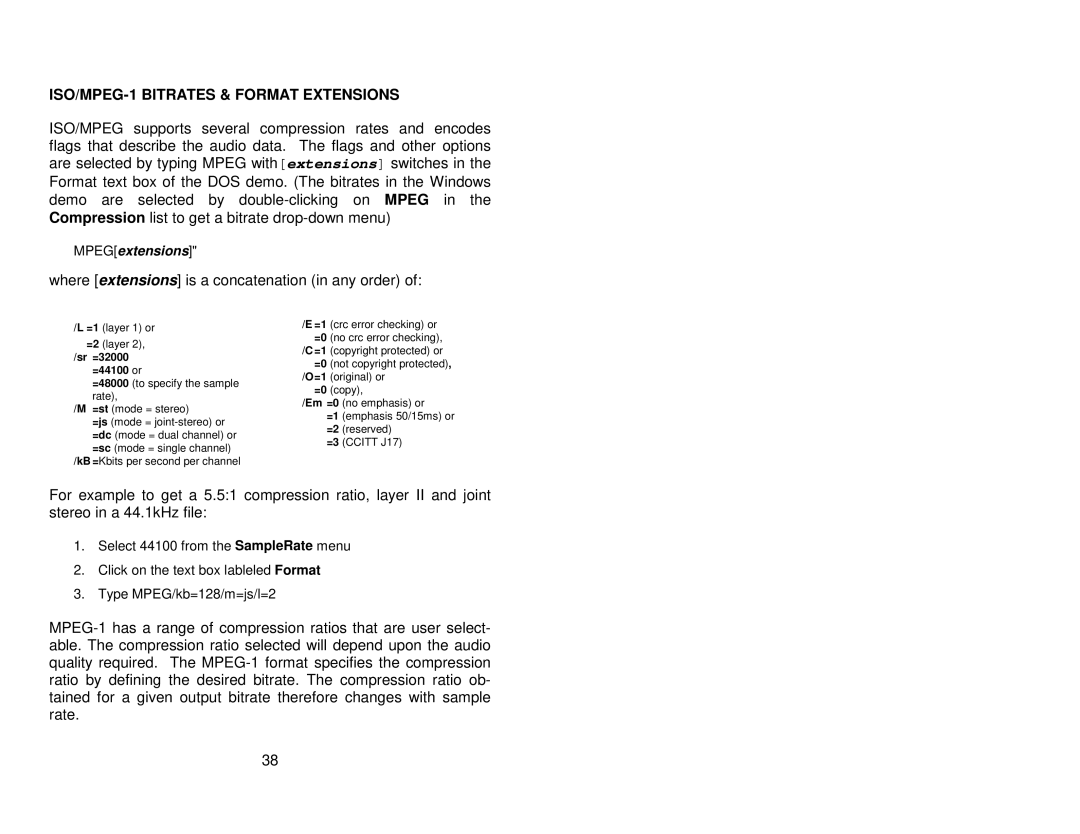 Antex electronic SX-33E ISO/MPEG-1 Bitrates & Format Extensions, Where extensions is a concatenation in any order 